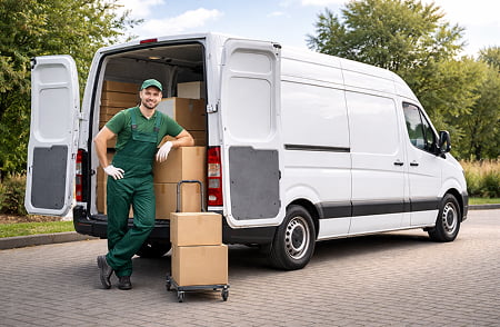 двое мужчин, грузчики в форме несут коробки