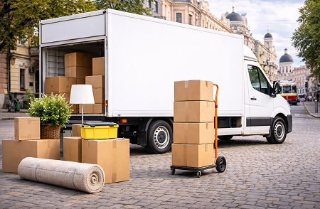 двое мужчин, грузчики в форме несут коробки