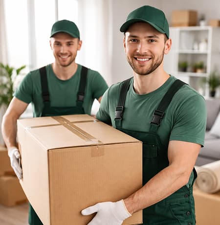 двое мужчин, грузчики в форме несут коробки