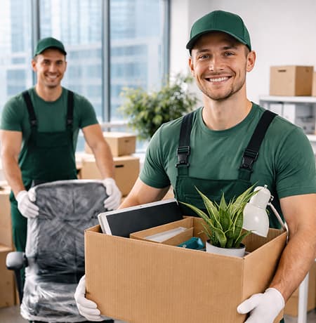 двое мужчин, грузчики в форме несут коробки