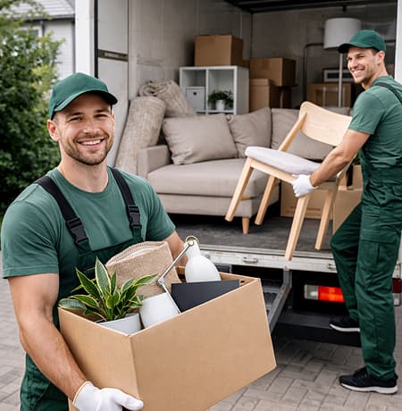 двое мужчин, грузчики в форме несут мебель