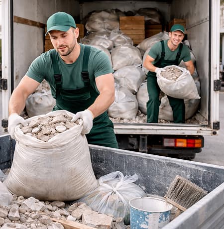 двое мужчин, грузчики в форме грузят строительный мусор