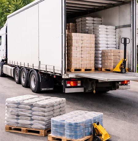 грузовик с палетами товаров в коробках и бочках