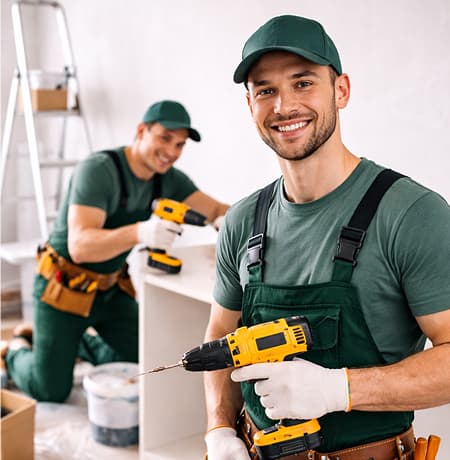 двое мужчин, делают ремонт в квартире с профессиональным инструментом