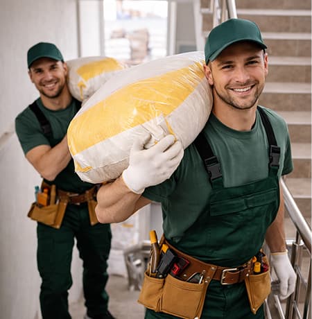 двое мужчин, грузчики в форме несут мешки с цементом