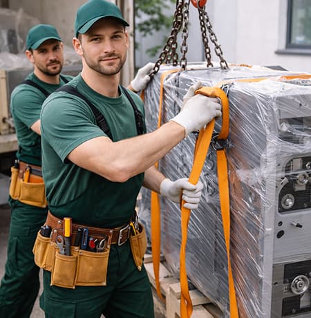 двое мужчин, грузчики в форме поднимают тяжелое оборудование