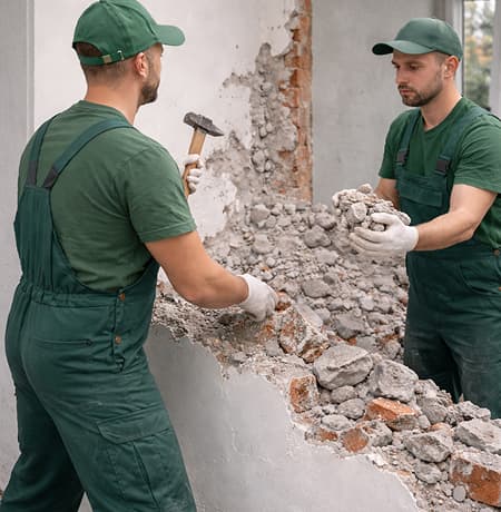двое мужчин, в форме сносят стену